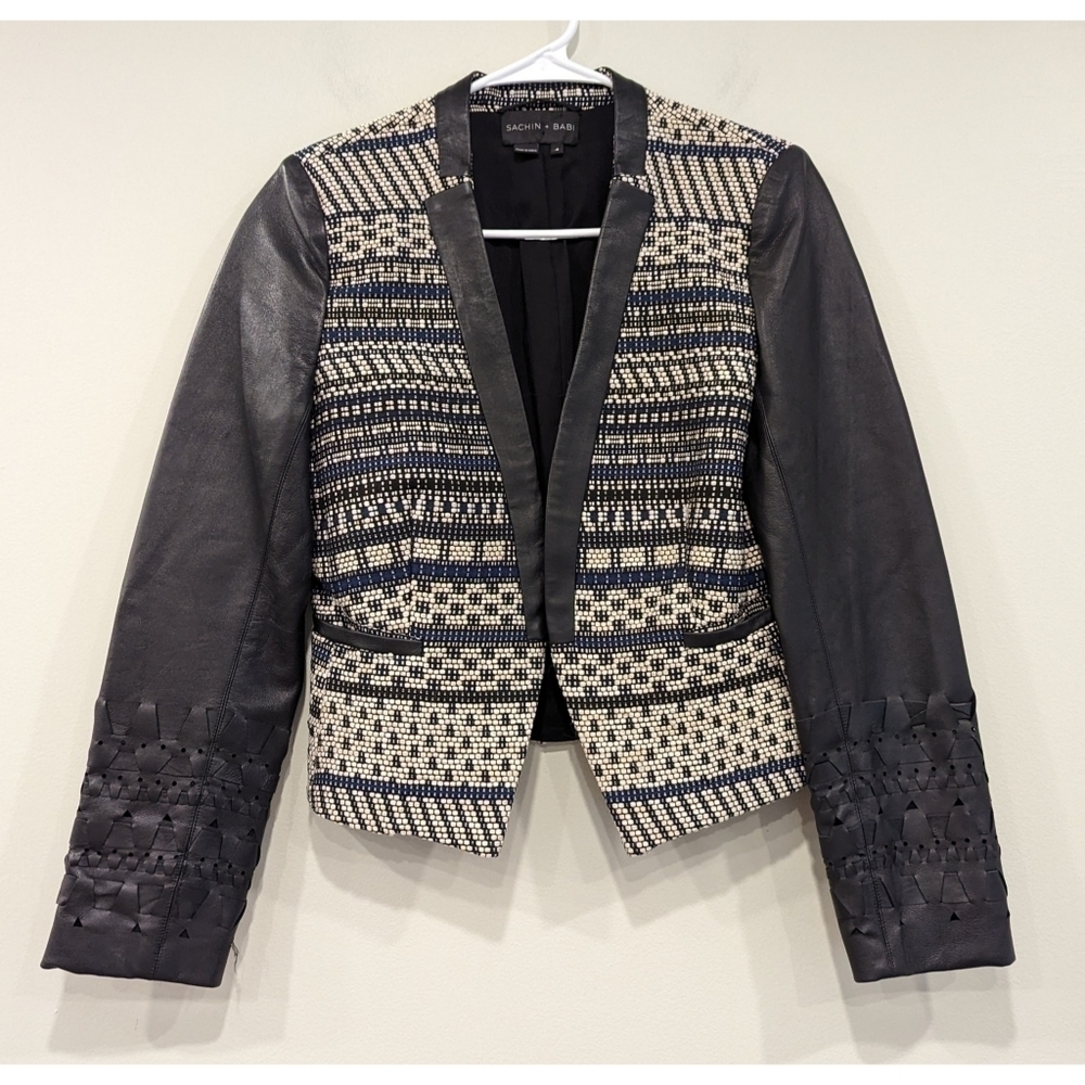 Sachin + Babi 100% Lamb Leather Woven Embroidery Open Jacket Size 4